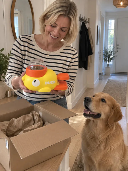 Woman unpacking the toy in the hallway with her dog beside her