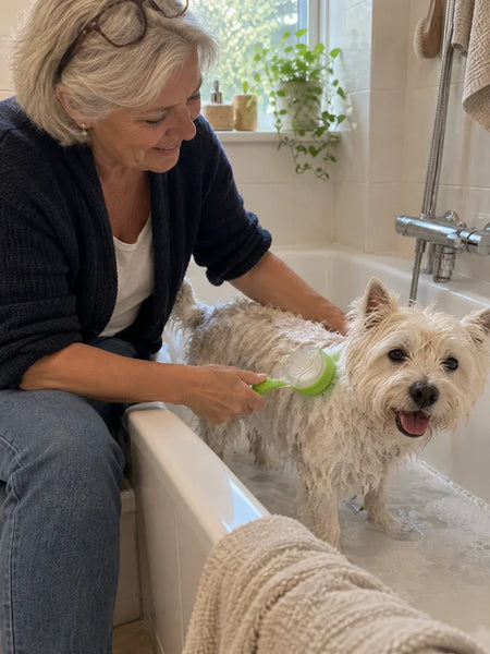 Woman washing her westie in the bathtub with the green brush