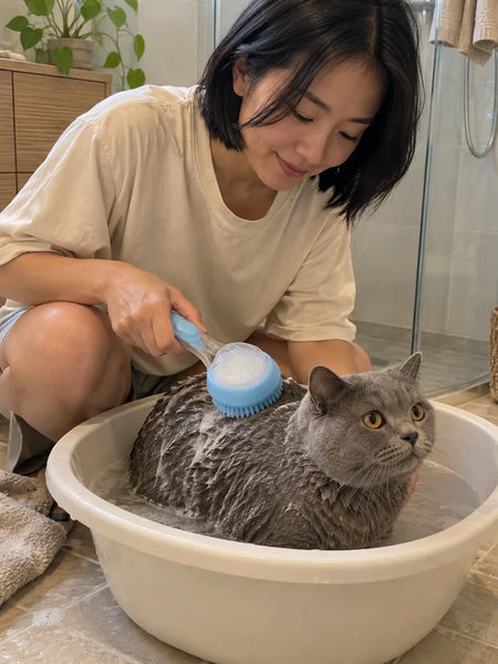 British shorthair sitting calmly in a tub while the blue brush lathers