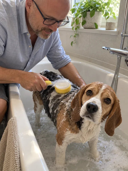 Man washing his beagle in the bathtub with the yellow brush