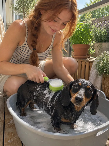 Woman washing her dachshund in a tub on the balcony with the green brush