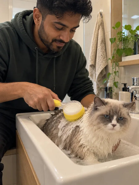 The ragdoll cat sits in the sink while the yellow brush lathers