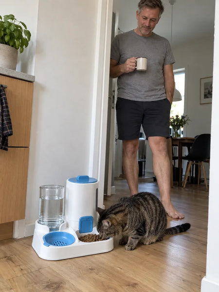 Man in the kitchen doorway while the cat eats from the feeder