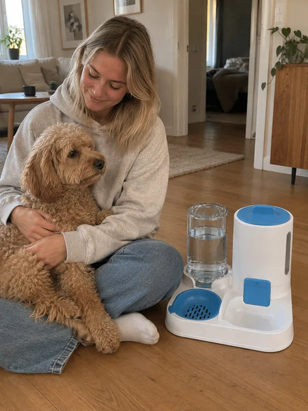 Young woman with a poodle in her lap next to the feeder