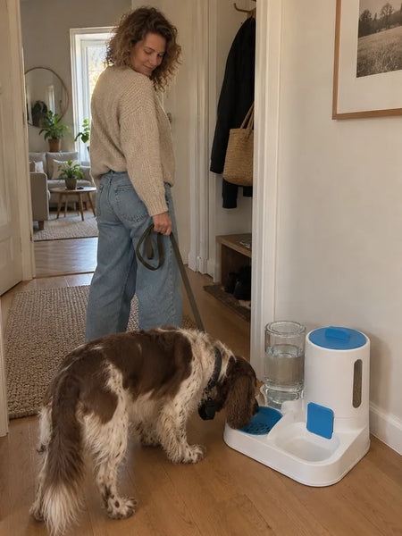 Woman in the hallway while the dog drinks from the feeder's water bowl