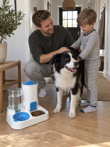 Dad and child petting the dog next to the feeder