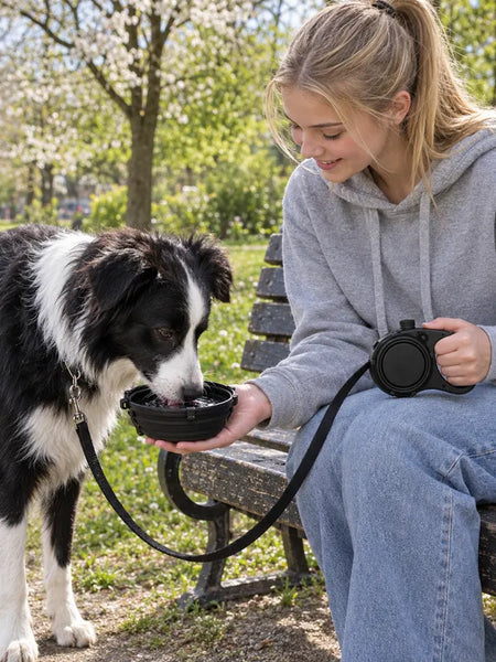 Girl on a park bench giving a border collie water from the bowl