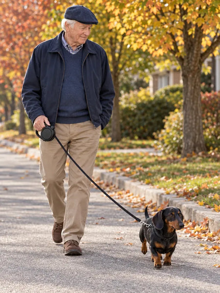 Older man walking a dachshund on a quiet street
