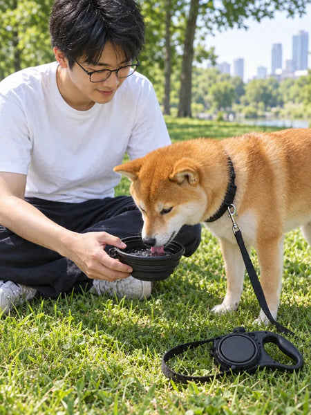 Shiba inu drinking from the bowl in a city park
