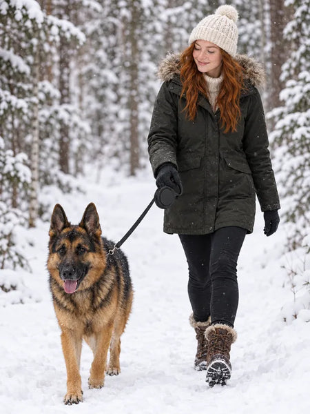 Woman walking a German shepherd on a snowy forest path