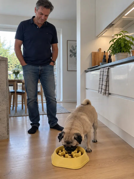 Man in the kitchen while the pug eats from the yellow bowl