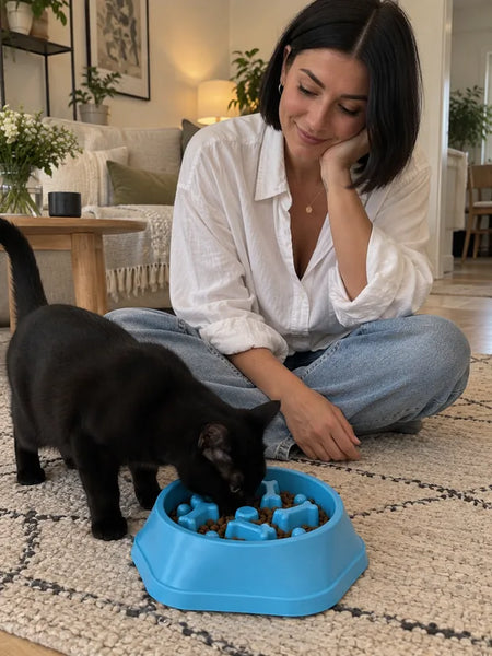 Black cat eating from the blue bowl on a rug