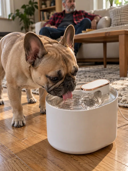 French bulldog drinking from the white water fountain in the living room