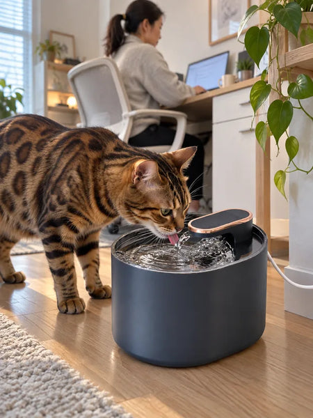 Bengal cat drinking from the blue water fountain in a home office